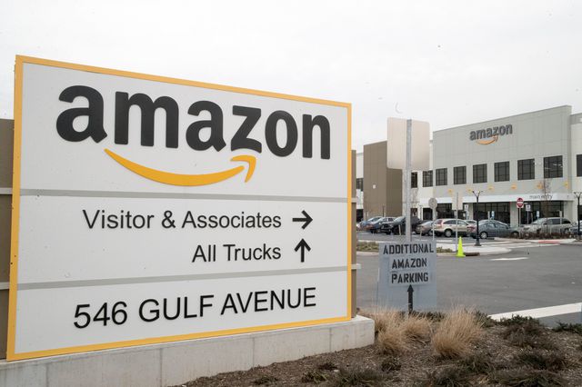 The Staten Island Amazon fulfillment center entrance sign outside of a parking lot on December 5, 2018.